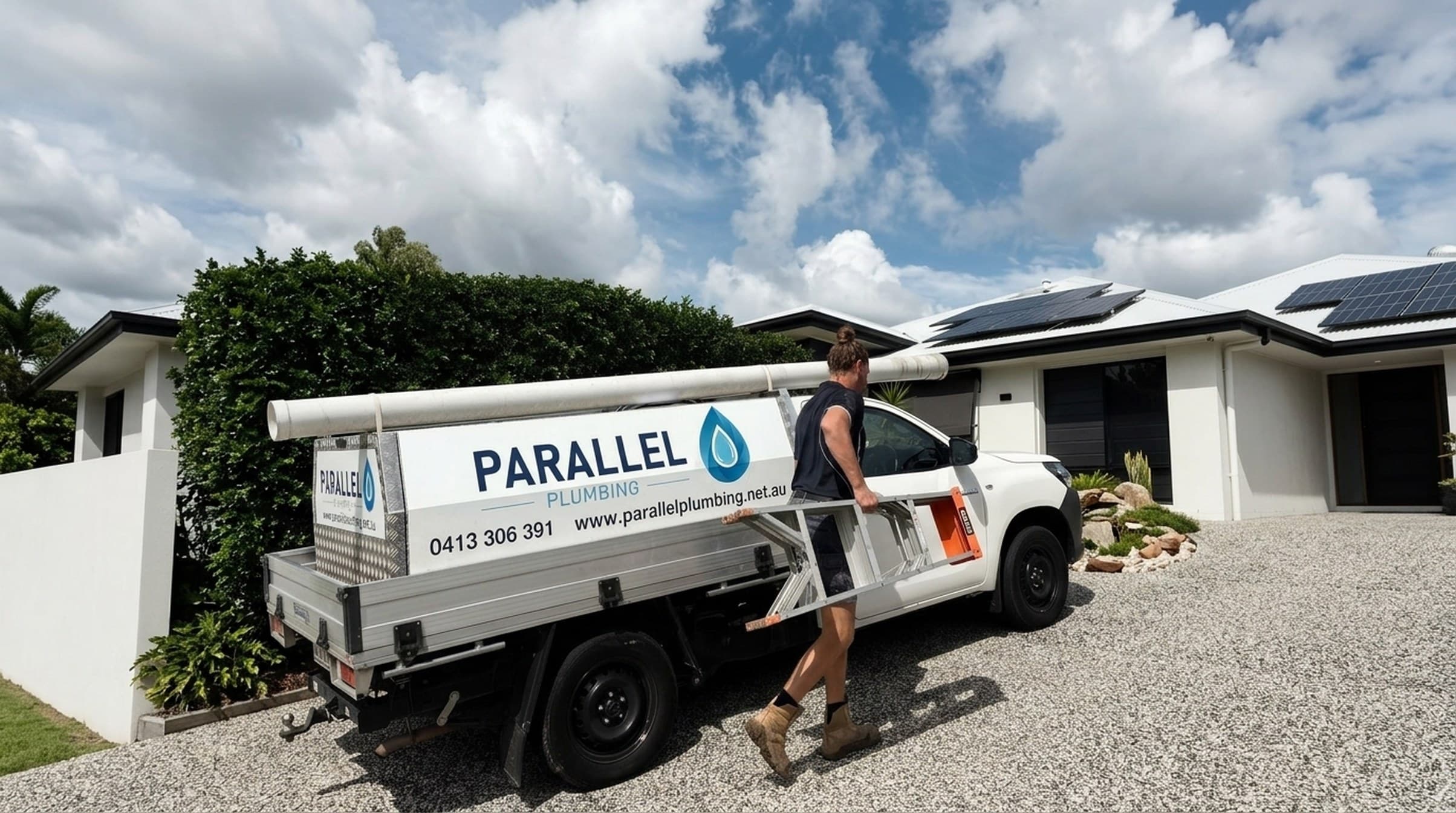 The Parallel Plumbing ute on a Sunshine Coast job, tradesman carrying a ladder
